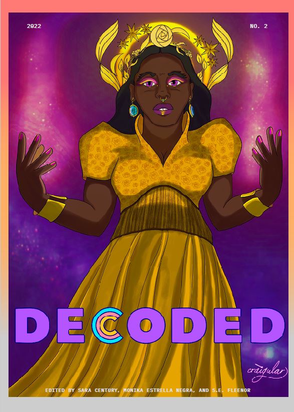 A Black femme is shown standing with power sparking off their hands. They are wearing a gold dress and headdress. The headdress is made of stars and roses and glows. They are wearing bold, almost shining makeup and mystical, swirling purple and pink surround them. The image evokes power and fluidity and freedom and is called "Transcendent Luminous Flux". Created by Craig Hale, this is the cover art for Decoded Pride Issue #3